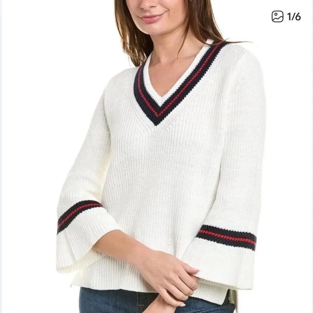 Cabi Ace Pullover V-Neck Sweater White Bell Sleeve